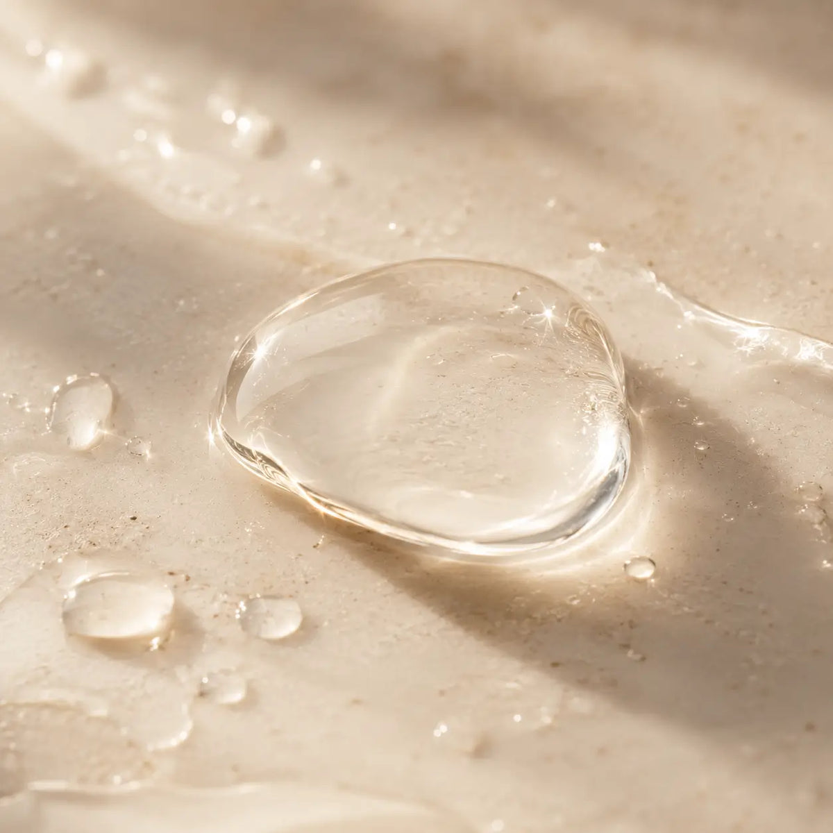 Macro photograph of a transparent hyaluronic acid serum texture symbolizing lightweight hydration.