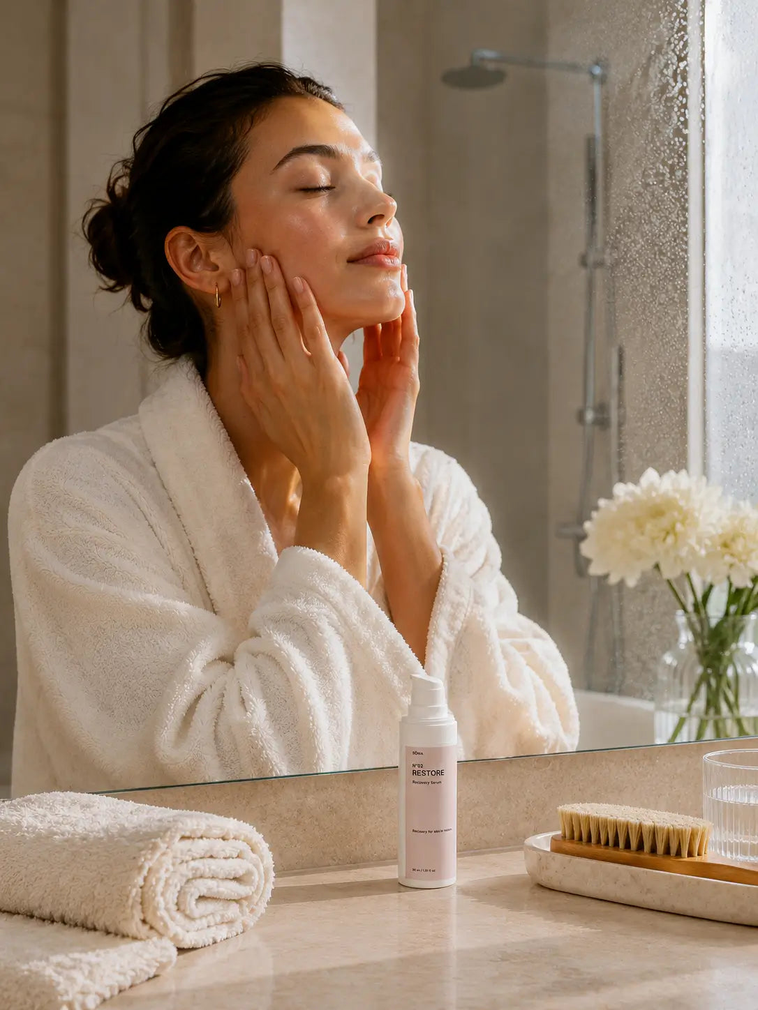 Woman applying No. 02 Restore Recovery Serum after a shower as part of a daily skincare routine for hydrated, comfortable skin.