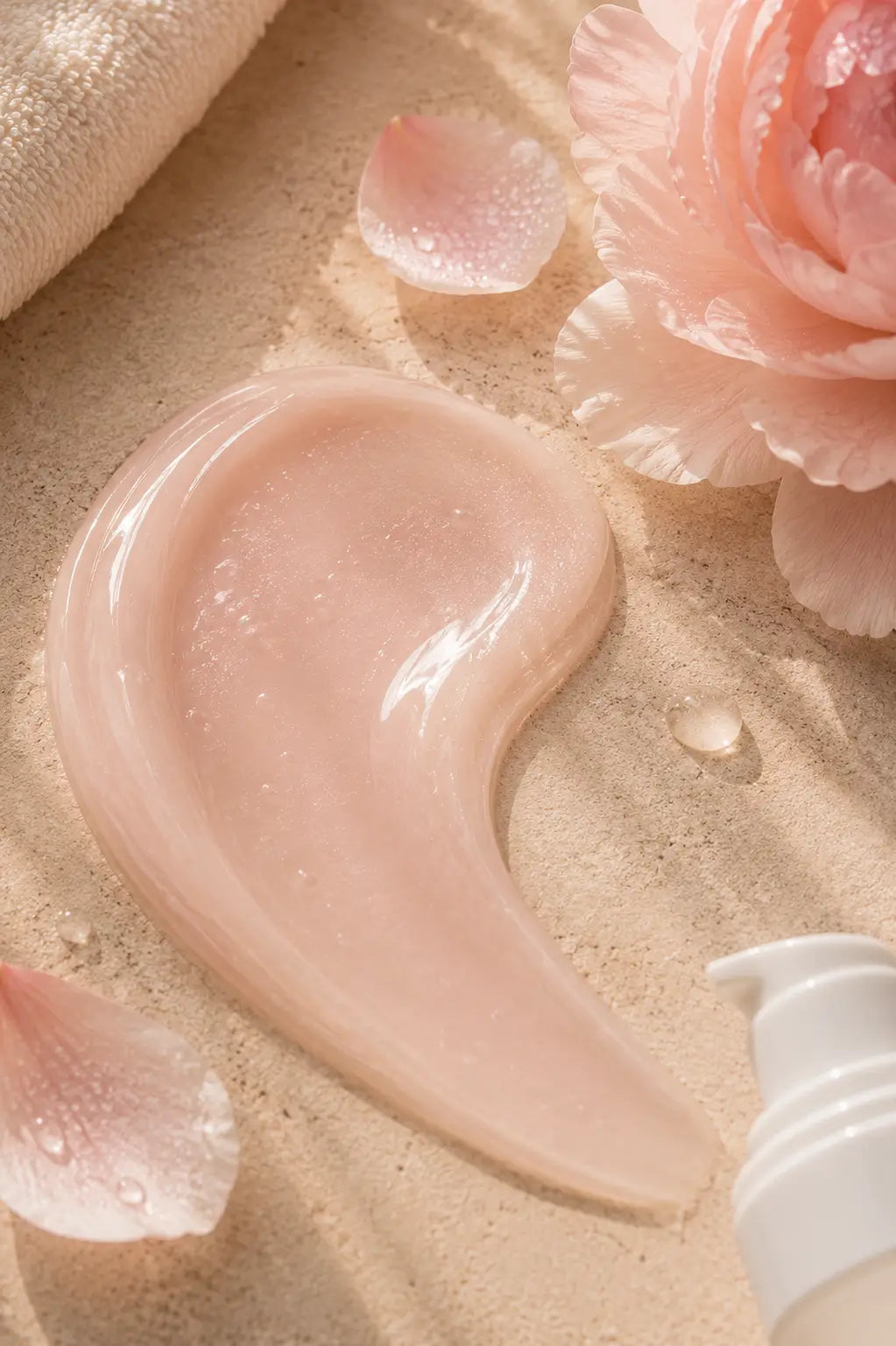 SÖMA No. 02 Restore Recovery Serum with a silky pink hydrating serum texture, peony flower and cloudberries on a natural stone surface.