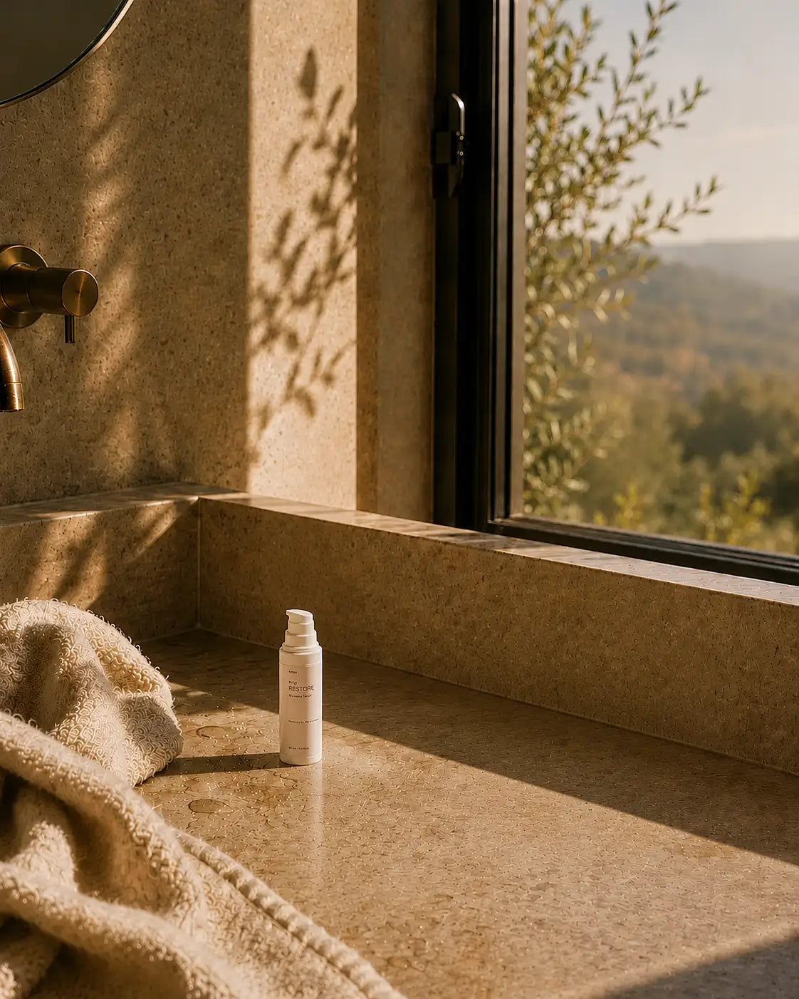 SÖMA No. 02 Restore Recovery Serum on a sunlit bathroom vanity with a warm matcha after a shower, illustrating a calming morning skincare recovery ritual.