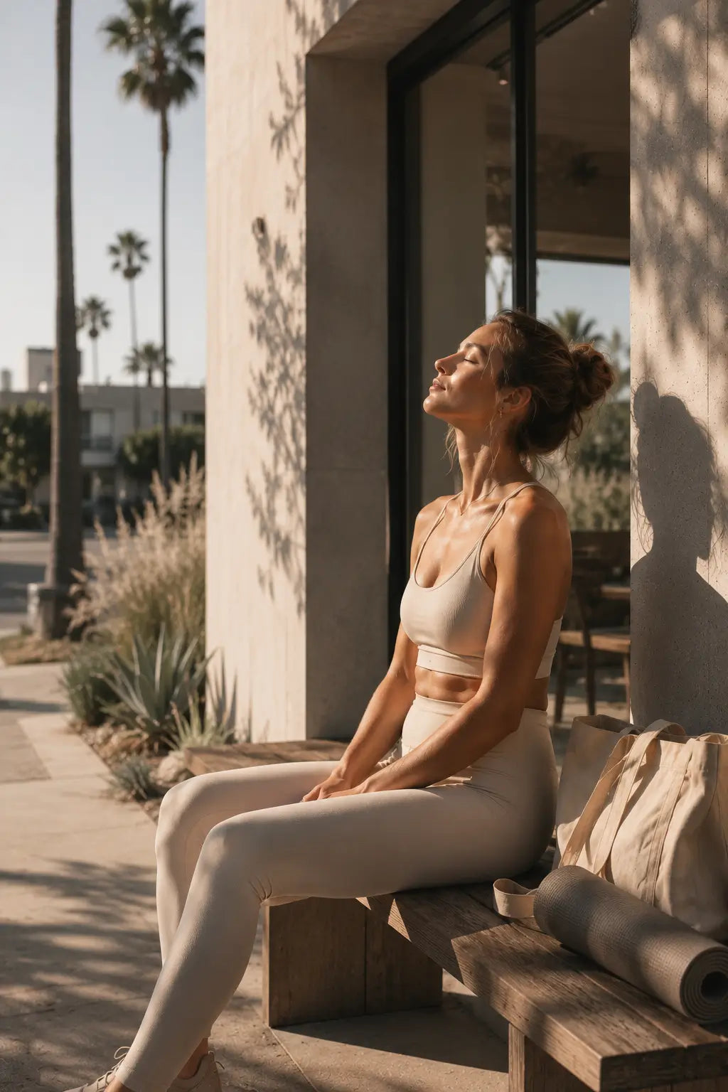 Woman taking a quiet moment after Pilates during golden hour, reflecting SÖMA's philosophy of mindful skincare, movement and modern wellness.