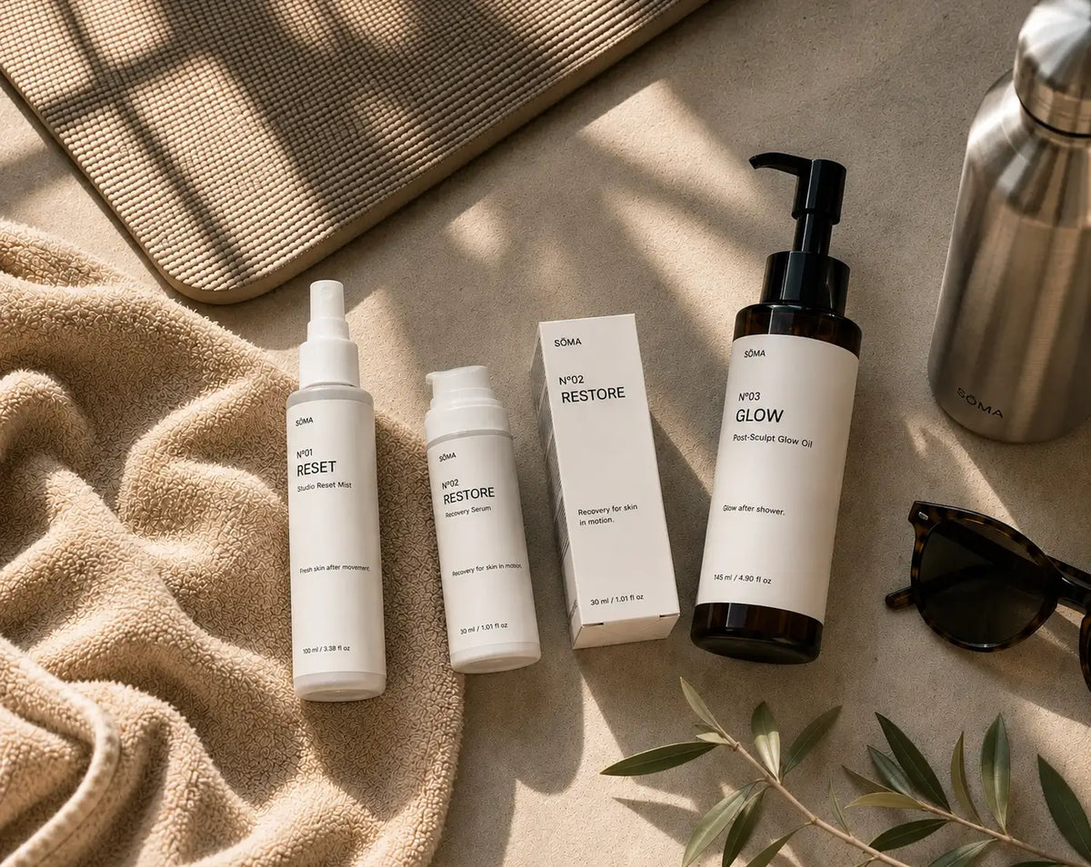 SÖMA post-workout skincare ritual featuring RESET facial mist, RESTORE serum and GLOW body oil. A simple skincare routine designed for women in motion after Pilates and wellness workouts