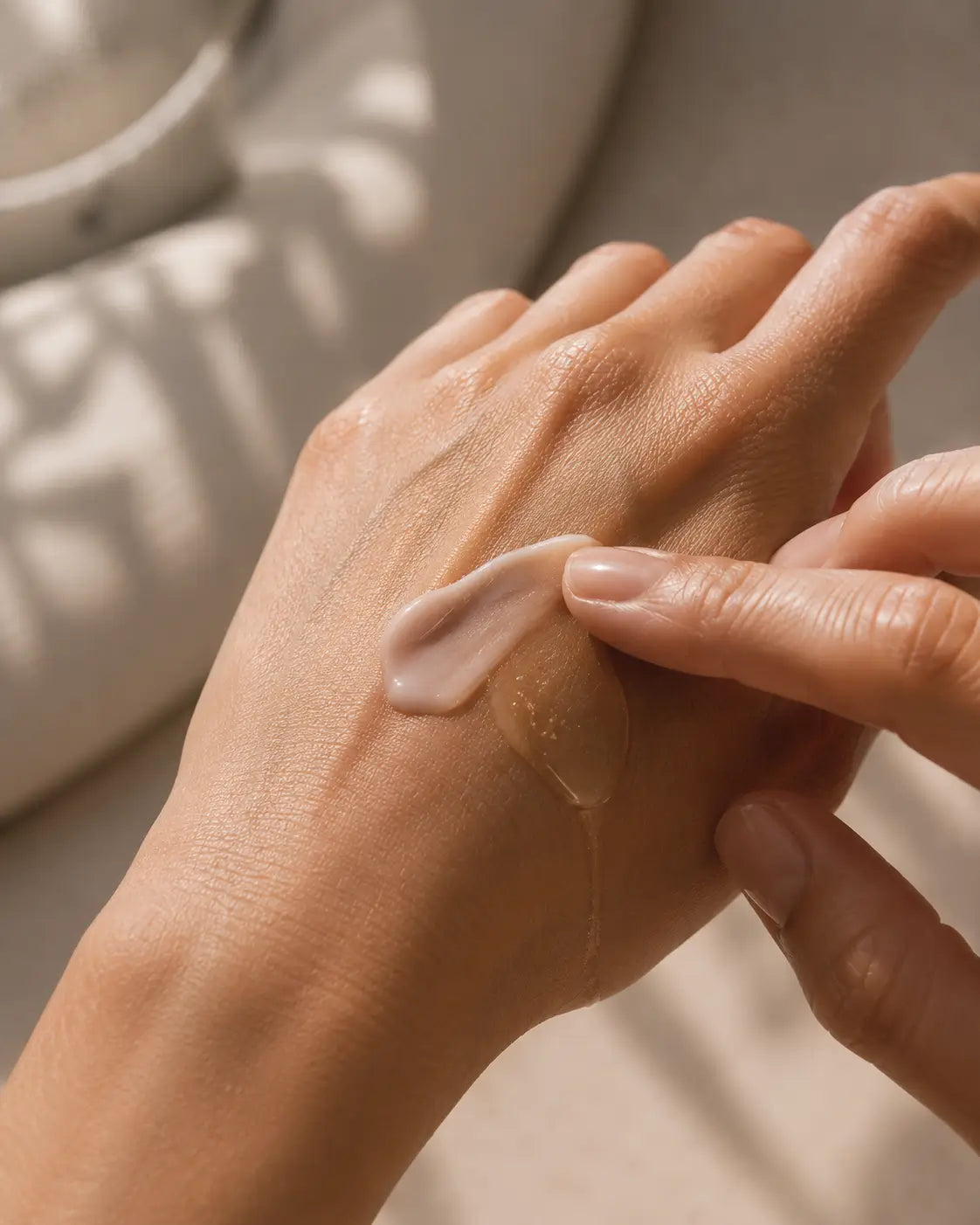 Close-up of SÖMA RESTORE serum and GLOW body oil textures on the back of a woman's hand. Lightweight skincare formulas designed to hydrate, nourish and restore healthy-looking skin after movement