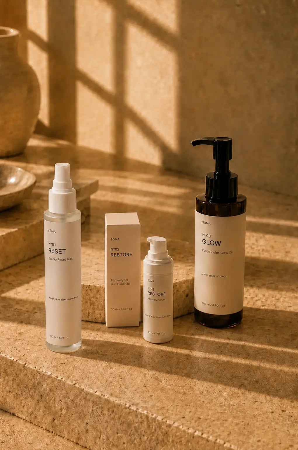 Luxury SÖMA skincare ritual with Reset Mist, Restore Serum and Glow Oil. Complete wellness and post-Pilates body care routine for refreshed, recovered and glowing skin