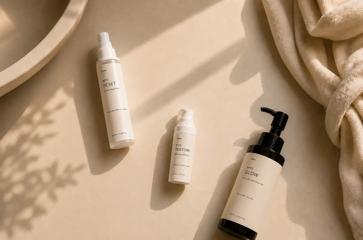 The SÖMA Ritual complete bodycare routine with Studio Reset Mist, Restore Recovery Serum and Post-Sculpt Glow Oil for healthy-looking, hydrated skin after Pilates.